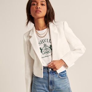Abercrombie cropped tweed blazer in white xxs NWT